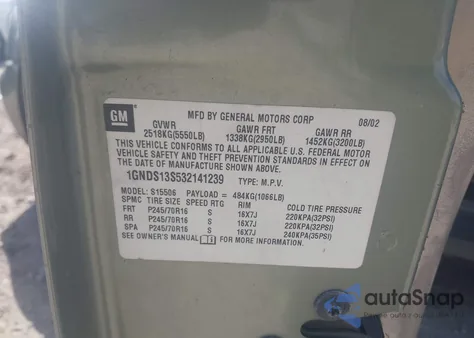 2003 Chevrolet Trailblazer Lt from USA, damaged, VIN 1GNDS13S532141239